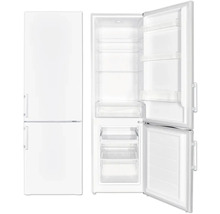 Witte koel-vriescombinatie, gedeeltelijk gesloten, gedeeltelijk geopend, met planken en laden