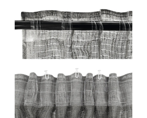 Decoratieve sjaal met gordijnband en rimpelbandophanging aan een gordijnroede