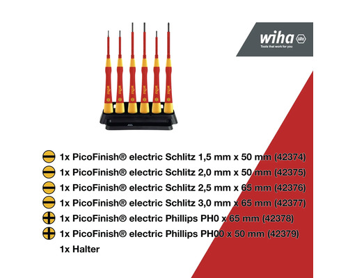 Wiha PicoFinish elektrische schroevendraaierset met sleuf- en Phillips profielen op houder