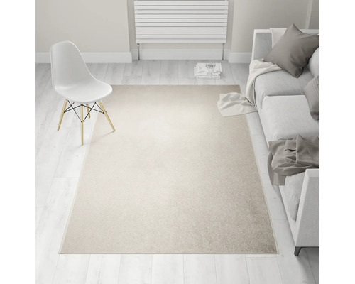 Beige vloerkleed in woonkamer met stoel en bank