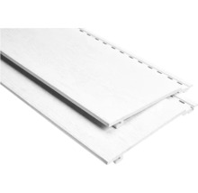 Twee witte gevelbekledingen met houtnerf in detail.