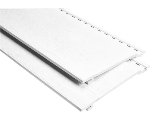 Twee witte gevelbekledingen met houtnerf in detail.