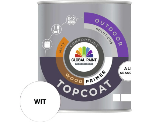 GLOBAL PAINT Topcoat Woodprimer grondverf mat wit 1 l Witte verf voor buiten, geschikt als houtprimer en toplaag