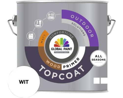 GLOBAL PAINT Topcoat Woodprimer grondverf mat wit 2,5 l Witte verf voor buiten in een blik