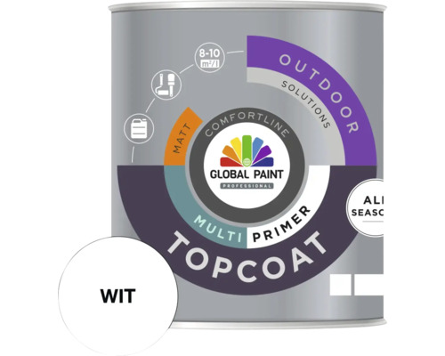 GLOBAL PAINT Topcoat Multiprimer grondverf mat wit 1 l Witte verf voor buiten in een verfemmer