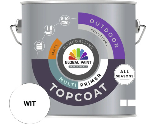GLOBAL PAINT Topcoat Multiprimer grondverf mat wit 2,5 l Verfemmer met witte, matte verf voor buiten