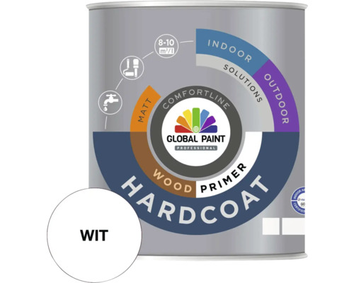 GLOBAL PAINT Hardcoat Woodprimer grondverf mat wit 1 l Blik houtprimer Hardcoat met witte kleurstaal