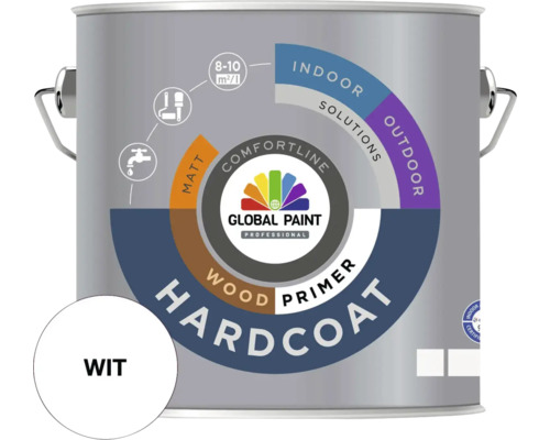 GLOBAL PAINT Hardcoat Woodprimer grondverf mat wit 2,5 l Pot houtprimer Hardcoat van Global Paint Professional