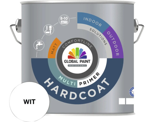 GLOBAL PAINT Hardcoat Multiprimer grondverf mat wit 2,5 l Verfemmer met witte verf voor binnen- en buitengebruik