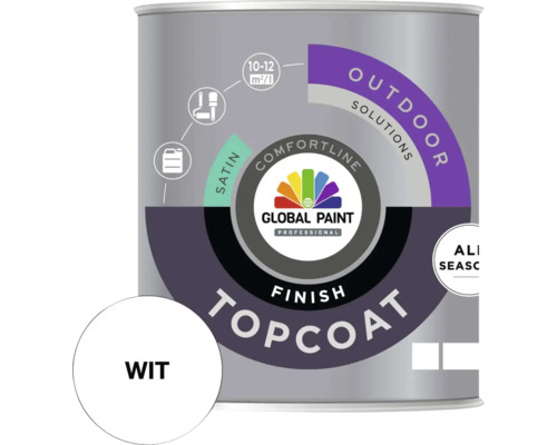 GLOBAL PAINT Topcoat Finish lak zijdeglans wit 1 l Verfblik met witte, zijdeglanzende buitenverf