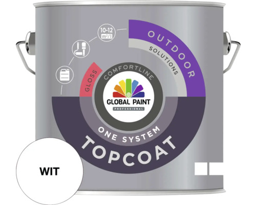GLOBAL PAINT Topcoat One System lak hoogglans wit 2,5 l Verfemmer met witte topcoat voor buiten