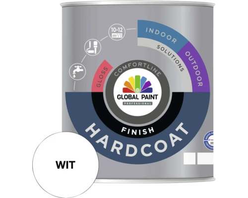GLOBAL PAINT Hardcoat Finish lak hoogglans wit 1 l Verfemmer met witte verf voor binnen en buiten