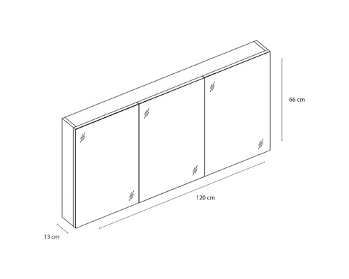 Afbeelding van een spiegelkast met de afmetingen 120 cm breed, 66 cm hoog en 13 cm diep.