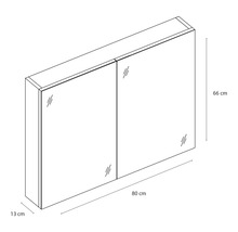 Afbeelding van een spiegelkast met de afmetingen 80 cm breed, 66 cm hoog en 13 cm diep.