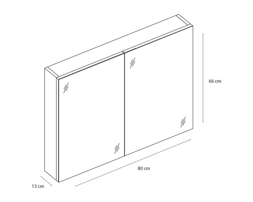 Afbeelding van een spiegelkast met de afmetingen 80 cm breed, 66 cm hoog en 13 cm diep.