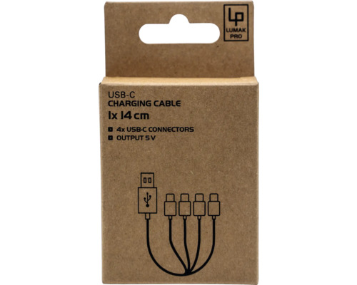 USB-C-oplaadkabel, 1 stuk, 14 centimeter, vier USB-C-aansluitingen, uitgang 5V