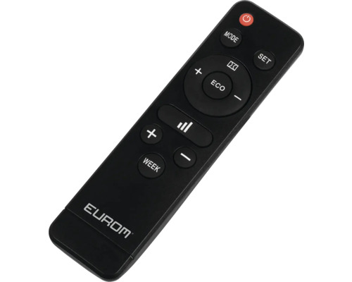 Zwarte afstandsbediening met verschillende knoppen zoals modus, set, eco en volumeregeling