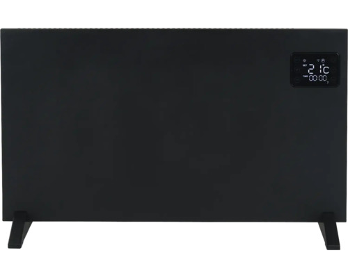 Zwarte radiator met display en voetstukken