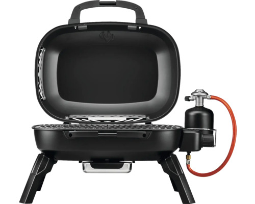 Draagbare gasbarbecue met open deksel