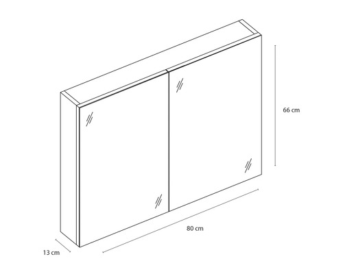 Bovenaanzicht van een spiegelkast met twee deuren en afmetingen (hoogte: 66 cm, breedte: 80 cm, diepte: 13 cm)