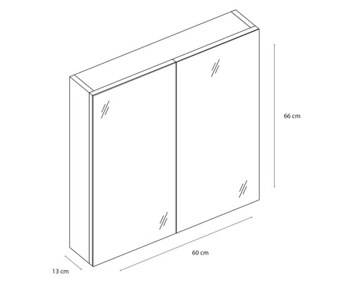 Technische tekening van een spiegelkast met afmetingen van 66 cm hoog, 60 cm breed en 13 cm diep