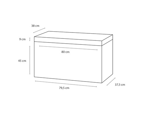 Schets van een opbergbox met de afmetingen 80 x 38 x 45 cm