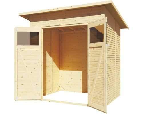 Open houten tuinhuis met ramen in de deuren