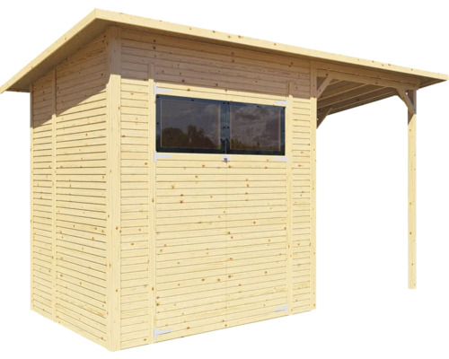 Houten tuinhuis met raam en afdak