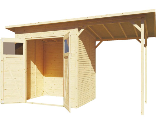 Houten tuinhuis met openstaande deuren en afdak