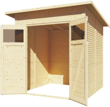 Open houten tuinhuis met dubbele deur en ramen.