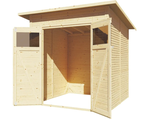 Open houten tuinhuis met dubbele deur en ramen.