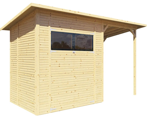 Houten tuinhuis met raam en afdak