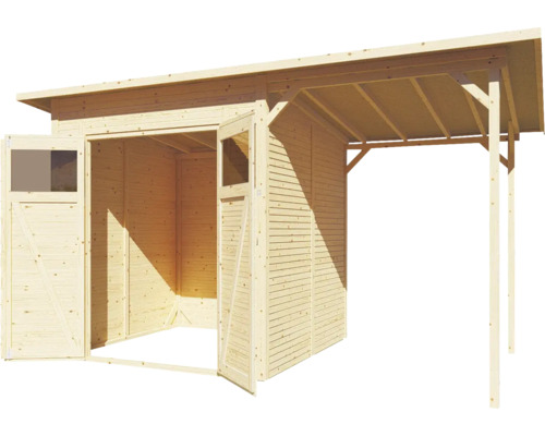 Houten tuinhuis met dubbele deur en overkapping