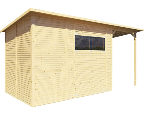 Houten tuinhuis met raam en afdak