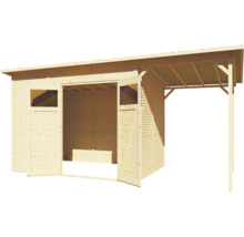 Houten garage met dubbele deur en afdak