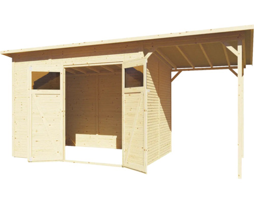 Houten garage met dubbele deur en afdak