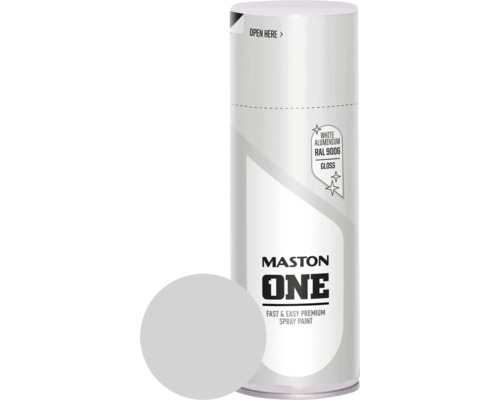 MASTON One spuitlak glans RAL 9006 aluminiumwit 400 ml Mastons One Premium spuitverf, kleur wit aluminium RAL 9006, glanzend