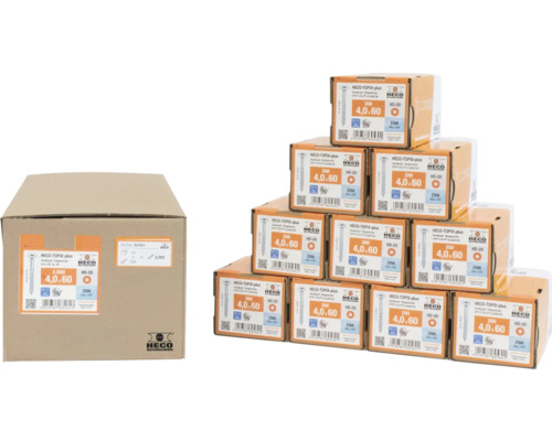 HECO Topix-Plus Universele schroef 4,0x60 mm platverzonken kop met freesholtes Torx T20 deeldraad blauw verzinkt, 2000 stuks HECO Topix Plus schroeven, verpakking met grootverpakking en meerdere kleine verpakkingen.