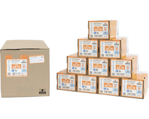 HECO Topix-Plus Universele schroef 5,0x70 mm platverzonken kop met freesholtes Torx T20 deeldraad blauw verzinkt, 2000 stuks Heco Topix Plus schroeven in doos en in individuele verpakkingen