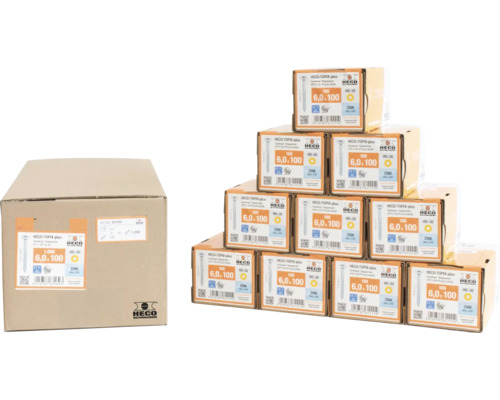 HECO Topix-Plus Universele schroef 6,0x100 mm platverzonken kop met freesholtes Torx T30 deeldraad blauw verzinkt, 1000 stuks HECO Topix Plus schroeven in doos, 6,0 x 100 millimeter