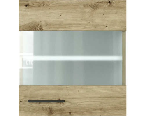 Detailopname van een meubelfront met houten structuur, glazen inzet en handgreep