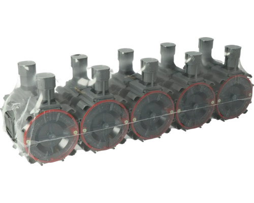 Vijf grijze watercomputers in plastic verpakking