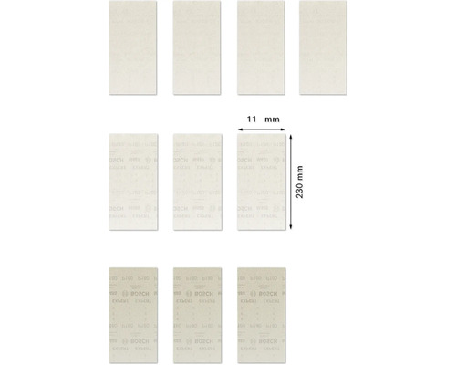 Meerdere Bosch Expert schuurbladen met afmetingen van 11 mm bij 230 mm.