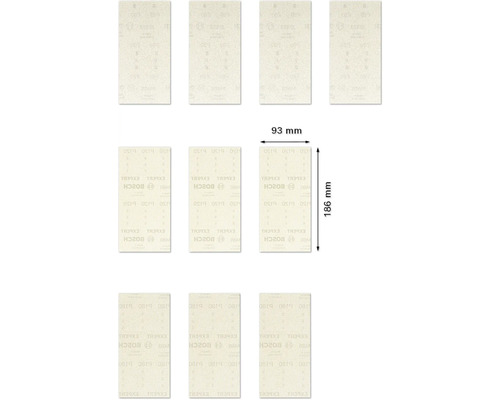 Meerdere schuurpapier vellen met de afmetingen 93 mm x 186 mm