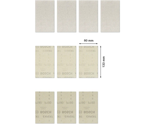 Diverse schuurbladen van het merk Bosch met de afmetingen 80 mm x 133 mm