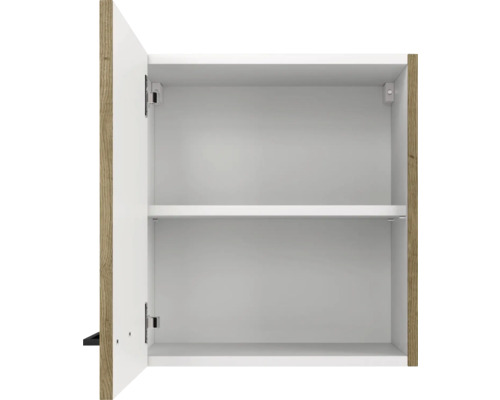Geopende witte hangkast met één legplank