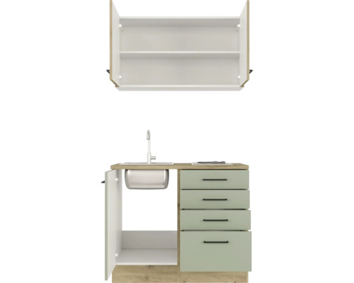 Compacte kitchenette met spoelbak, lades en hangkast voor ruimtebesparend keukenontwerp.