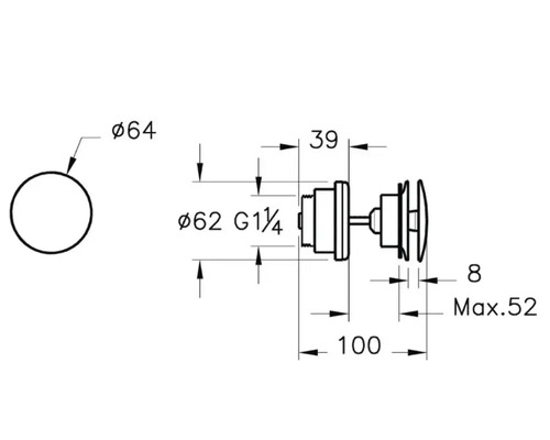 Technische tekening van een ventiel met maataanduidingen.