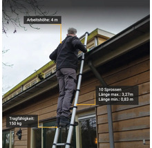 Man op een telescopische ladder die aan een dakgoot werkt, werkhoogte 4 meter, draagvermogen 150 kilogram, 10 sporten, maximale lengte 3,27 meter, minimale lengte 0,83 meter