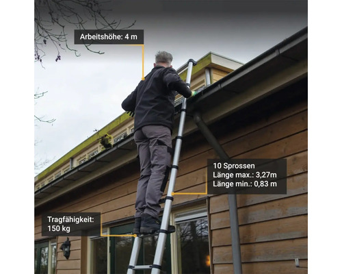 Man op een telescopische ladder die aan een dakgoot werkt, werkhoogte 4 meter, draagvermogen 150 kilogram, 10 sporten, maximale lengte 3,27 meter, minimale lengte 0,83 meter